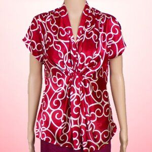 SILK! ANNE KLEIN size 6 red/white short-sleeve tunic top 100% silk dry clean